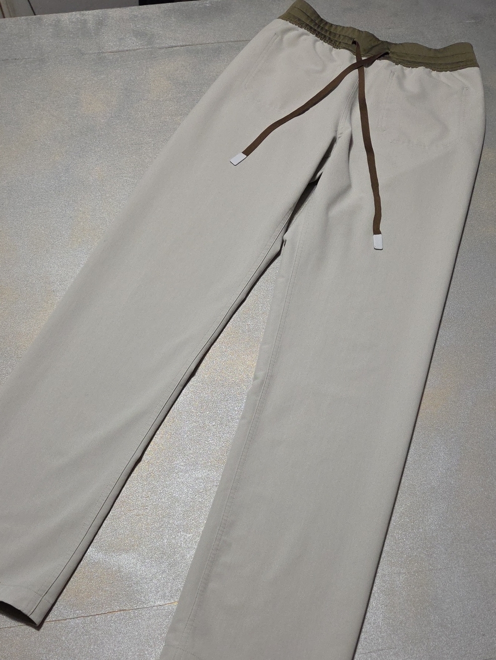 Figs Men's Chinos in Light Beige with Olive Waistband and Brown Drawstring